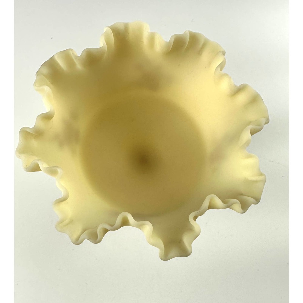 Vintage Signed Fenton Custard Glass Ruffled Crimped Compote Bowl Chocolate Roses - Picture 7 of 11